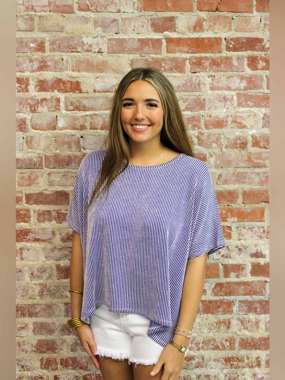 Zenana Ribbed Striped Oversized Short Sleeve Top, Bright Blue